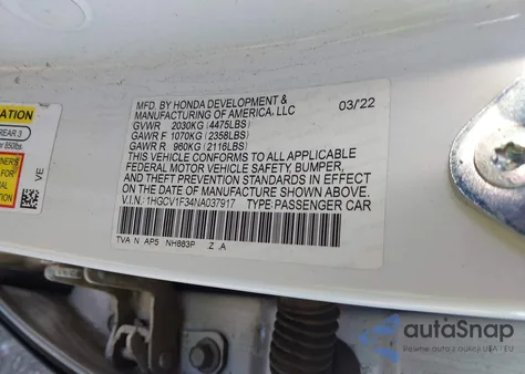 2022 Honda Accord Sport from USA, damaged, VIN 1HGCV1F34NA037917